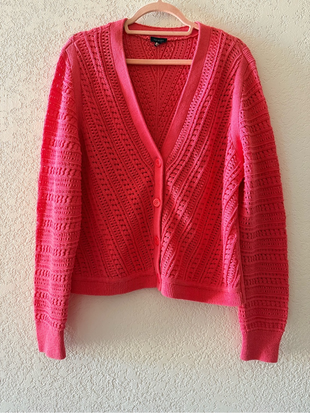 TALBOTS Coral Button Open Knit Crochet Casual Classic Sweater Women's Size XL